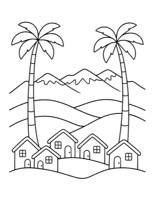 The free printable page: snow-capped mountains behind a row of small houses, framed by two palm trees, in plain black outline.